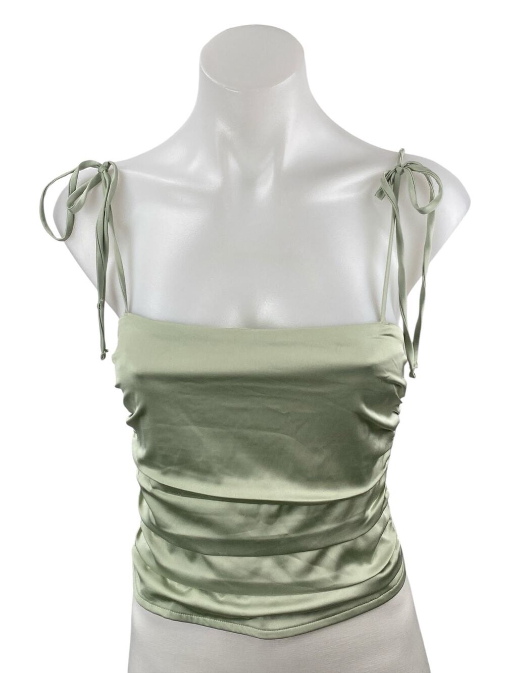 Hollister Women's Green Silk Satin Ruched Smocked Tie Cami Tank Crop Top Size XS